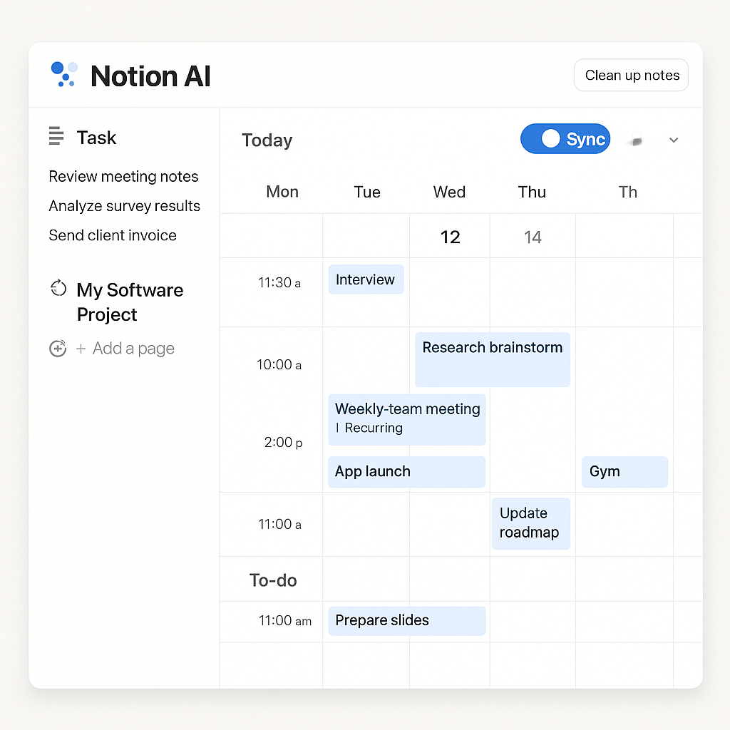 Notion AI integrated with calendar displaying synced events and tasks