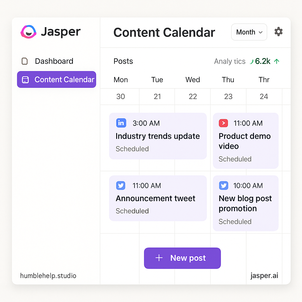 Jasper AI's content calendar interface with scheduled posts and analytics