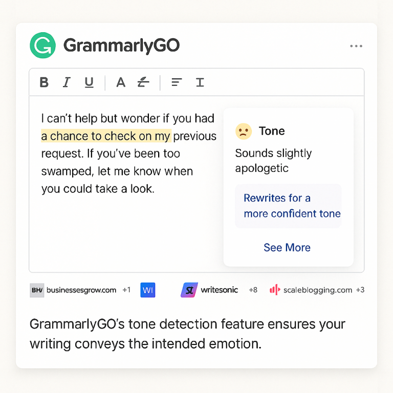 GrammarlyGO interface highlighting tone detection suggestions in a document