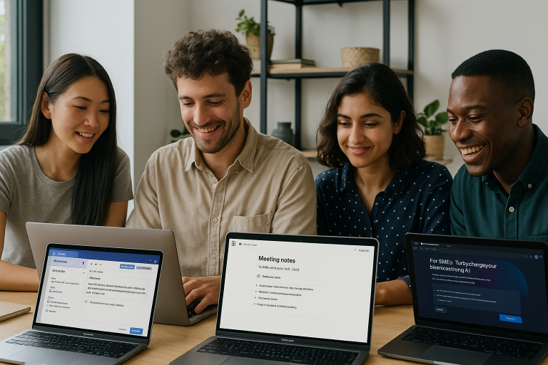 Diverse team of professionals using AI productivity apps on laptops in a bright modern office