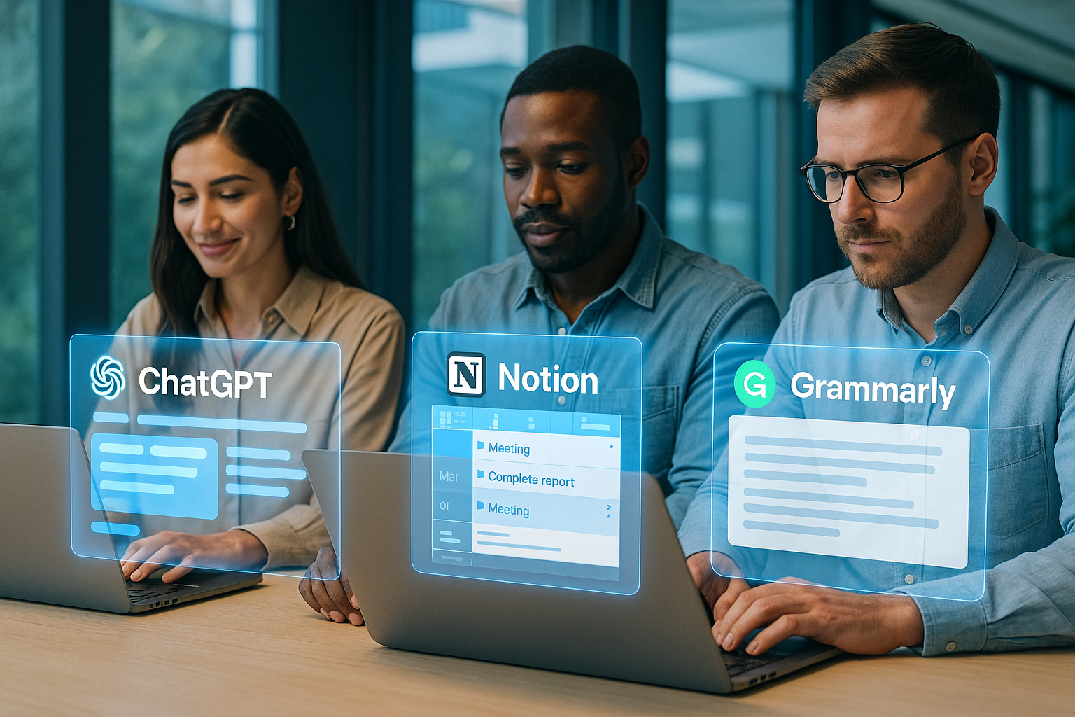 A futuristic glimpse into productivity as real professionals engage with holographic interfaces of ChatGPT, Notion, and Grammarly in a sleek office environment.