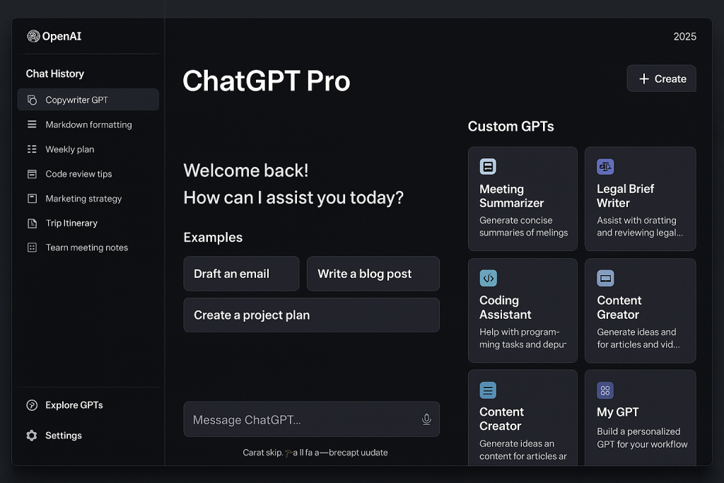 ChatGPT Pro dashboard showcasing custom GPTs and productivity tools in 2025